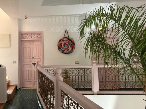 Intérieur lumineux avec un mur décoré, porte rose et plante verte.