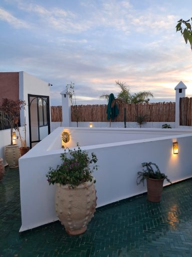Terrasse avec pots de fleurs et murs blancs sous un ciel nuageux.